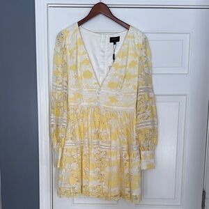 Bardot White/Yellow Venice Lace Long Sleeve Dress with Five Buttons at wrists